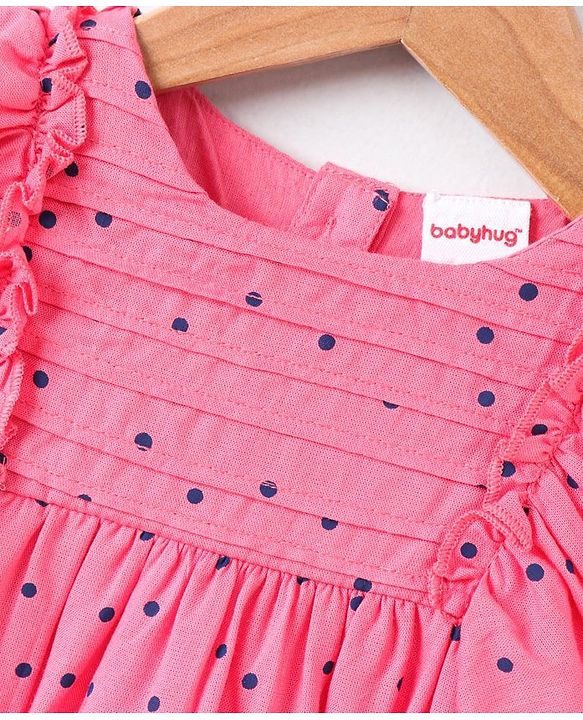 Babyhug Short Sleeves Knee Length Frock Dot Print - Pink
