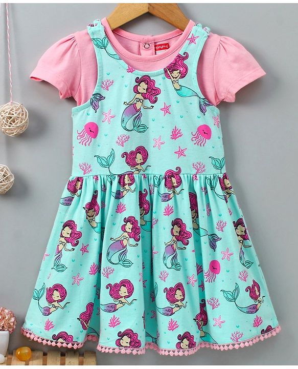 Babyhug Half Sleeves Frock With Inner T-Shirt - Light Blue