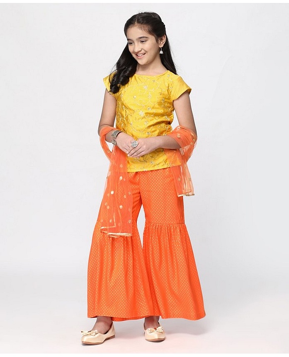 Pine Kids Half Sleeves Embroidered Top with Sharara and Dupatta - Orange Yellow