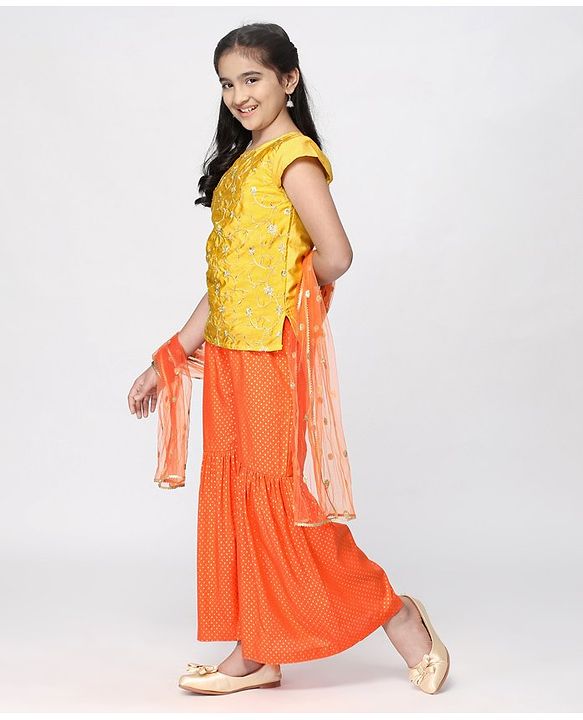 Pine Kids Half Sleeves Embroidered Top with Sharara and Dupatta - Orange Yellow