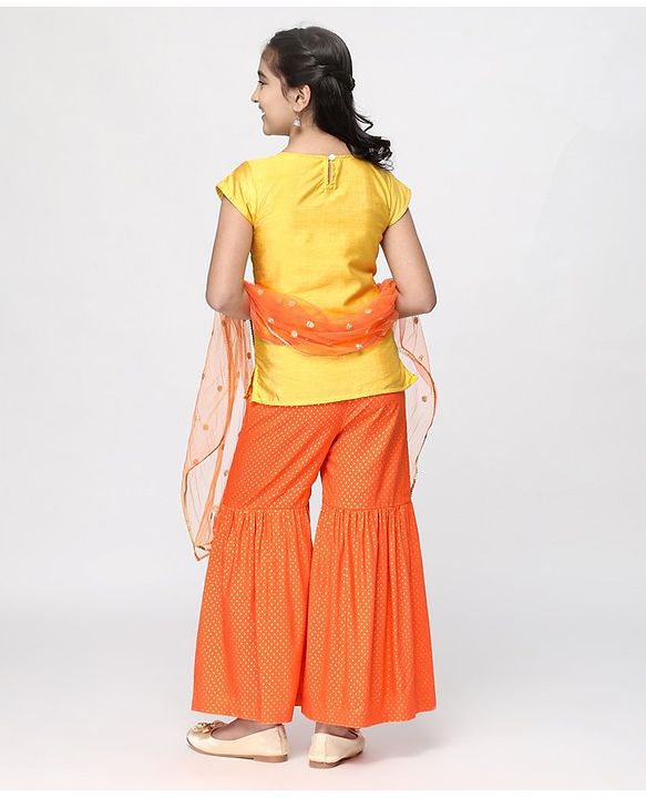 Pine Kids Half Sleeves Embroidered Top with Sharara and Dupatta - Orange Yellow