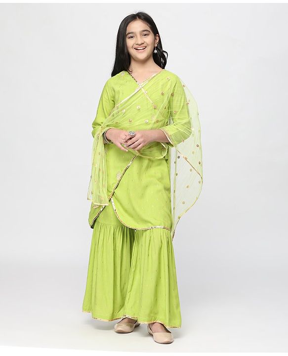 Pine Kids Three Fourth Sleeves  Angarkha with Sharara and Dupatta - Green