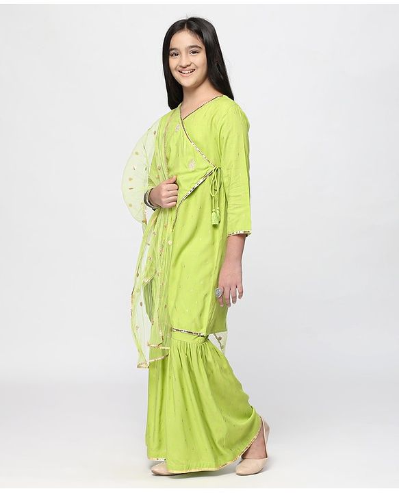 Pine Kids Three Fourth Sleeves  Angarkha with Sharara and Dupatta - Green
