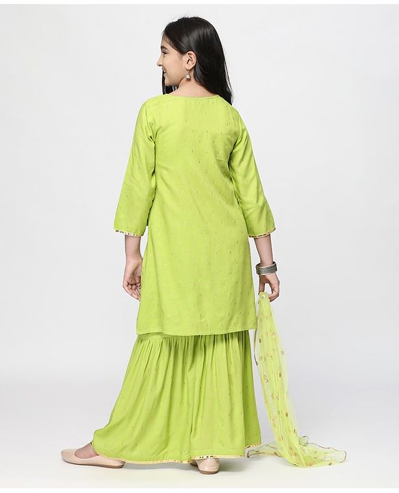 Pine Kids Three Fourth Sleeves  Angarkha with Sharara and Dupatta - Green