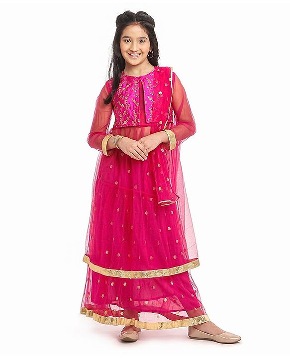 Pine Kids Embroidered Choli Lehenga Set with Dupatta - Pink