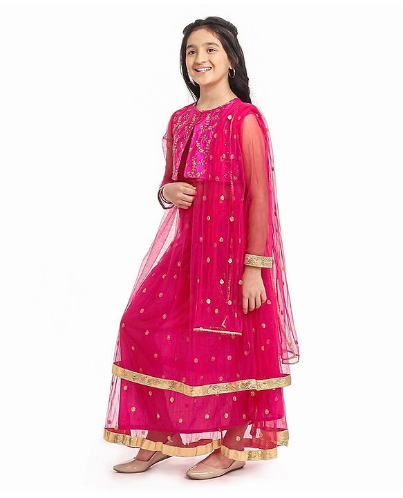 Pine Kids Embroidered Choli Lehenga Set with Dupatta - Pink