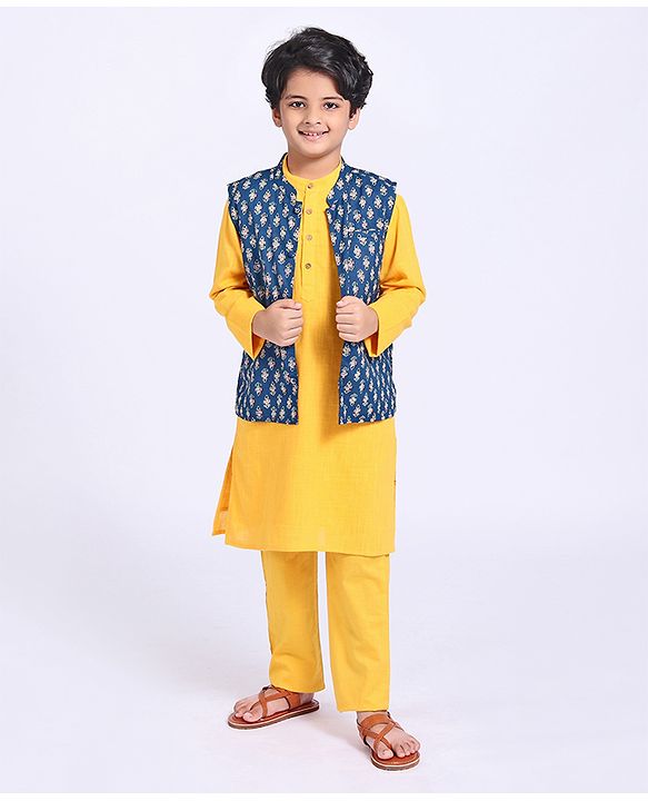 Pine Kids Full Sleeves Kurta & Pyjama with Printed Bandhani - Yellow