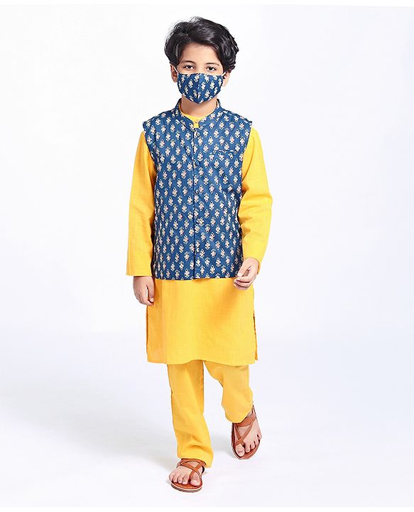 Pine Kids Full Sleeves Kurta & Pyjama with Printed Bandhani - Yellow