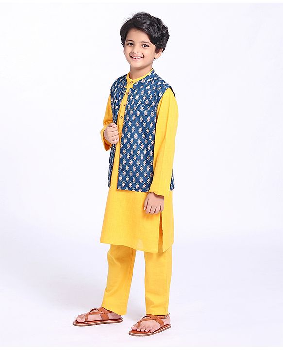 Pine Kids Full Sleeves Kurta & Pyjama with Printed Bandhani - Yellow