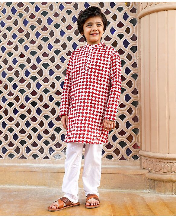 Pine Kids Full Sleeves Printed Kurta Pyjama Set - Red White