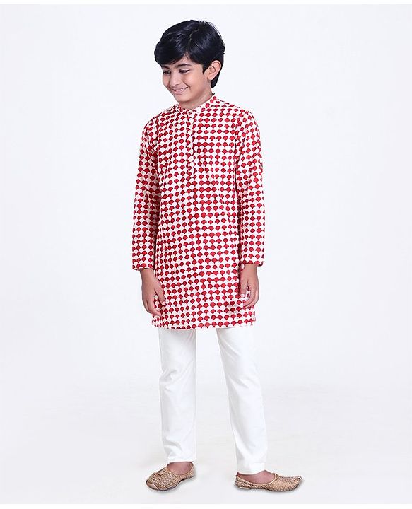 Pine Kids Full Sleeves Printed Kurta Pyjama Set - Red White