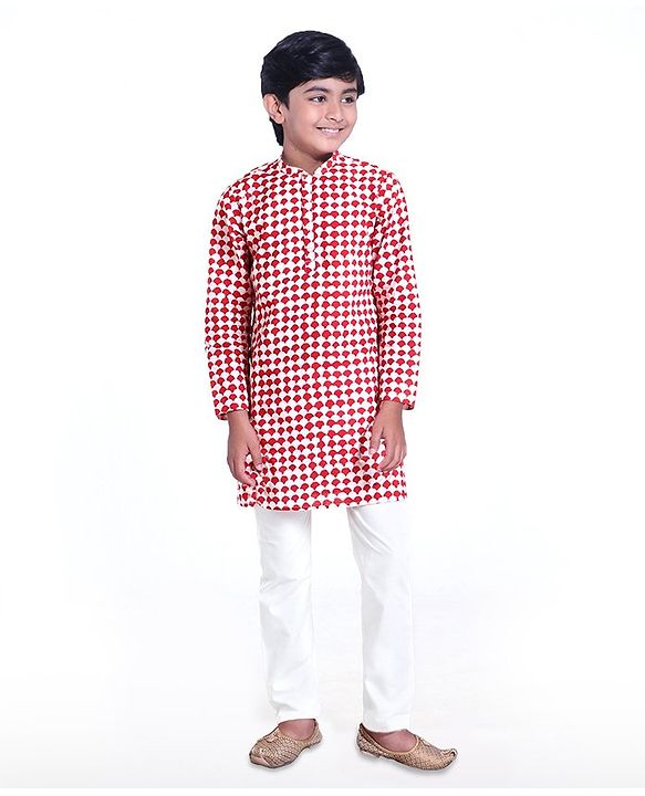 Pine Kids Full Sleeves Printed Kurta Pyjama Set - Red White