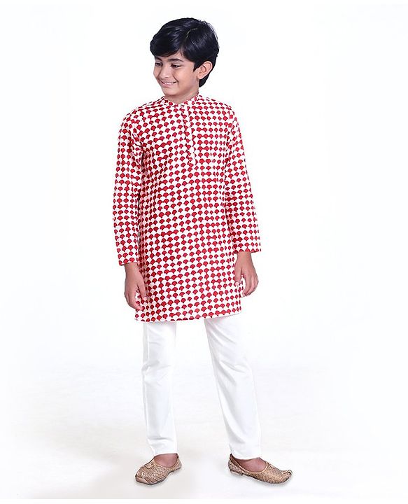 Pine Kids Full Sleeves Printed Kurta Pyjama Set - Red White