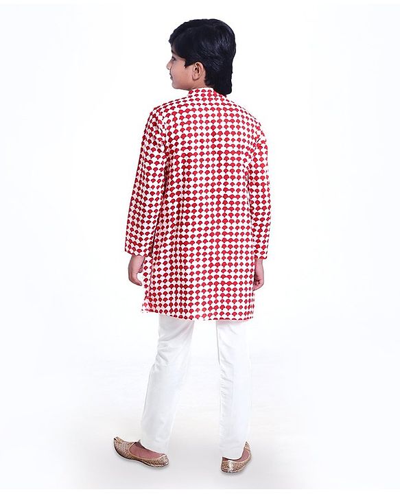 Pine Kids Full Sleeves Printed Kurta Pyjama Set - Red White