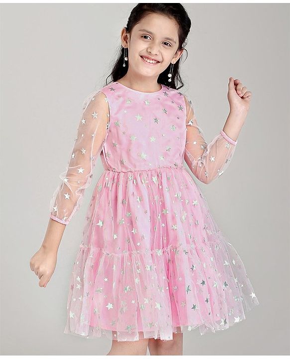Pine Kids Full Sleeves Party Frock Star Foil Print - Pink