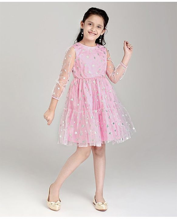 Pine Kids Full Sleeves Party Frock Star Foil Print - Pink