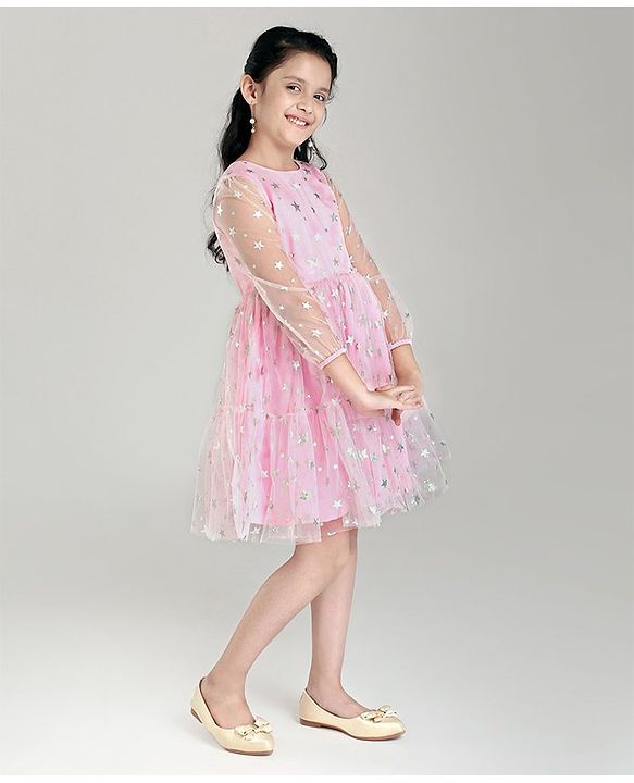Pine Kids Full Sleeves Party Frock Star Foil Print - Pink
