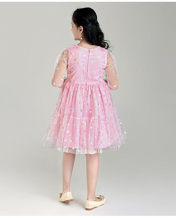 Pine Kids Full Sleeves Party Frock Star Foil Print - Pink