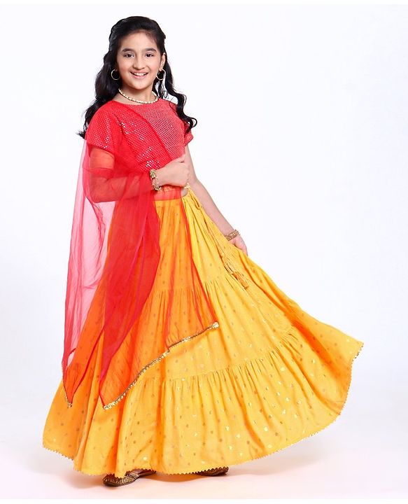 Pine Kids Short Sleeves Sequin Embroidered Choli & Lehenga With Net Duptta - Red Yellow