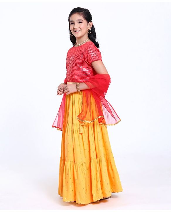 Pine Kids Short Sleeves Sequin Embroidered Choli & Lehenga With Net Duptta - Red Yellow