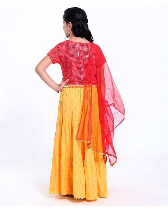 Pine Kids Short Sleeves Sequin Embroidered Choli & Lehenga With Net Duptta - Red Yellow