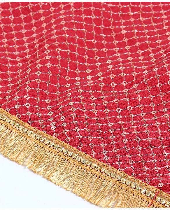 Pine Kids Short Sleeves Sequin Embroidered Choli & Lehenga With Net Duptta - Red Yellow