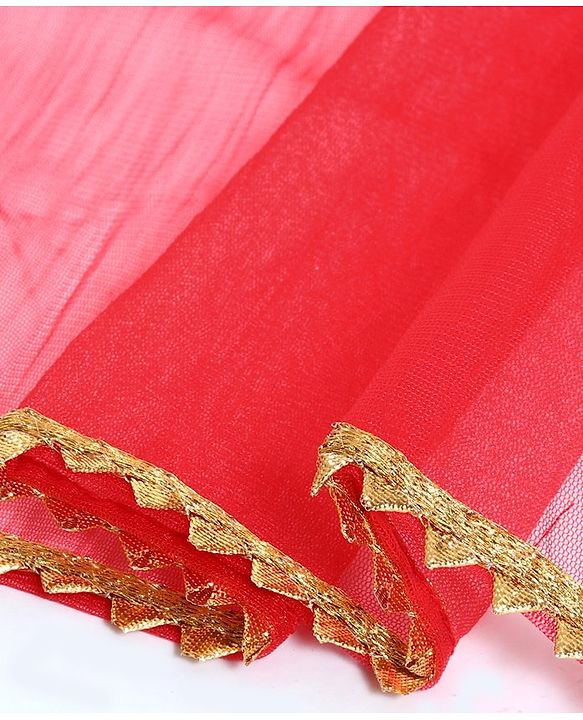 Pine Kids Short Sleeves Sequin Embroidered Choli & Lehenga With Net Duptta - Red Yellow