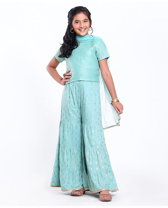 Pine Kids Sequin Choli & Gold Print Sharara with Dupatta - Blue