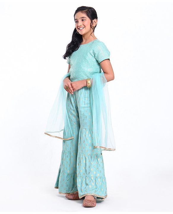 Pine Kids Sequin Choli & Gold Print Sharara with Dupatta - Blue