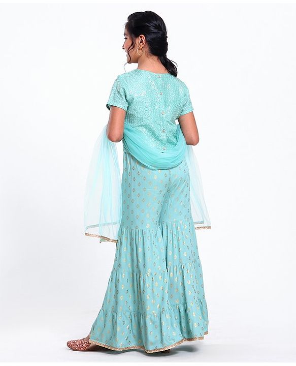 Pine Kids Sequin Choli & Gold Print Sharara with Dupatta - Blue
