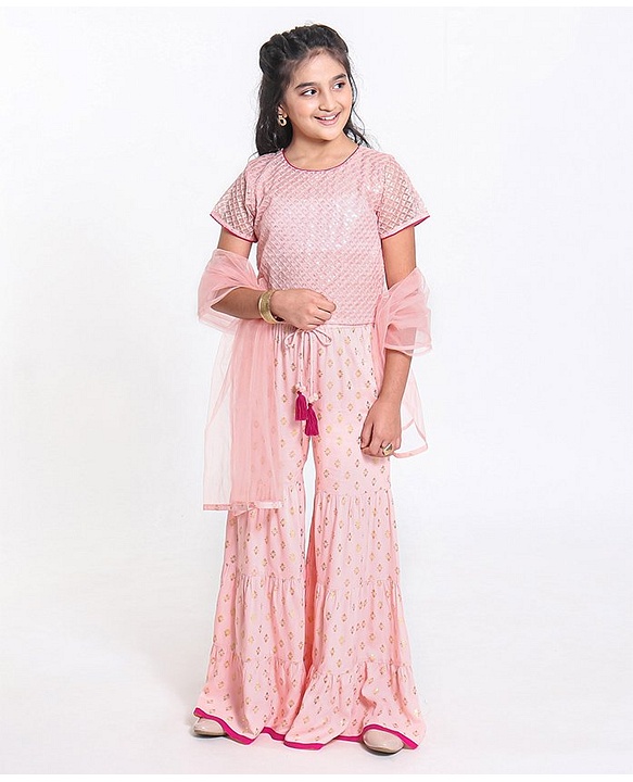 Pine Kids Sequin Choli & Gold Print Sharara with Dupatta - Peach