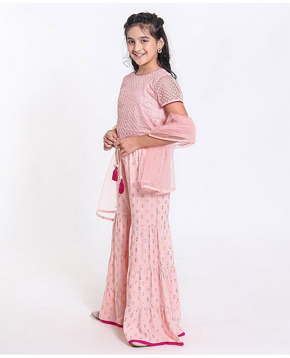 Pine Kids Sequin Choli & Gold Print Sharara with Dupatta - Peach