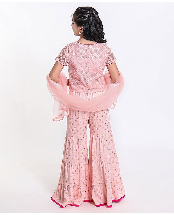 Pine Kids Sequin Choli & Gold Print Sharara with Dupatta - Peach