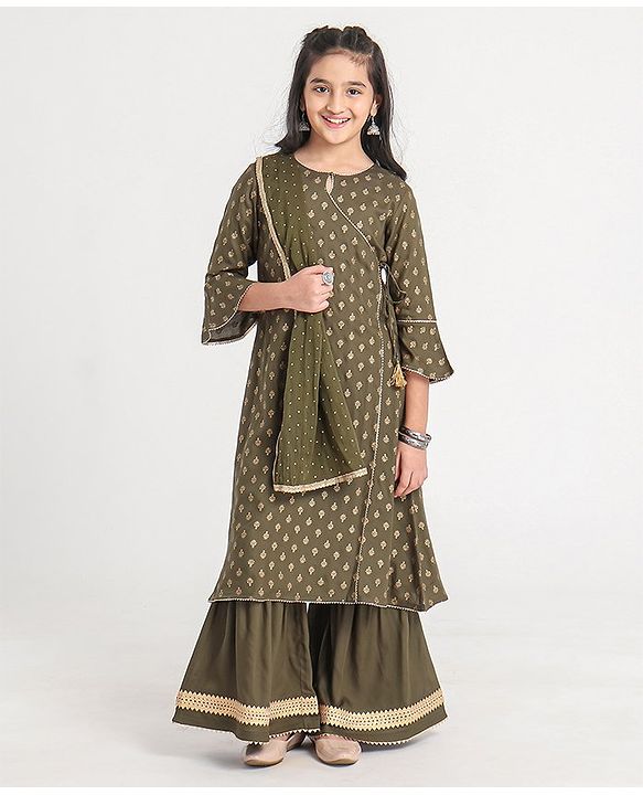 Pine Kids Three Fourth Sleeves Kurti and Sharara Set with Cotton Crushed Dupatta Glitter Print - Green