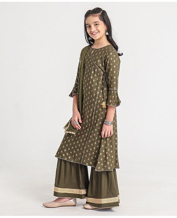 Pine Kids Three Fourth Sleeves Kurti and Sharara Set with Cotton Crushed Dupatta Glitter Print - Green