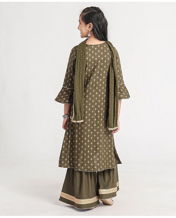 Pine Kids Three Fourth Sleeves Kurti and Sharara Set with Cotton Crushed Dupatta Glitter Print - Green