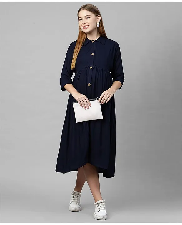 MomToBe Three Fourth Sleeves Solid Button Down Maternity Dress Dark Blue  Online in India, Buy at Best Price from  - 9805594