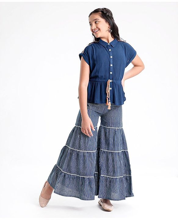 Pine Kids Indigo Top With Waist Tie Up & Palazzo - Blue