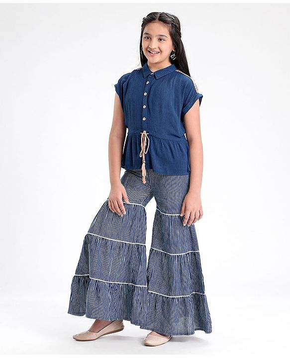Pine Kids Indigo Top With Waist Tie Up & Palazzo - Blue