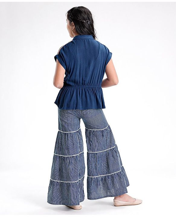 Pine Kids Indigo Top With Waist Tie Up & Palazzo - Blue
