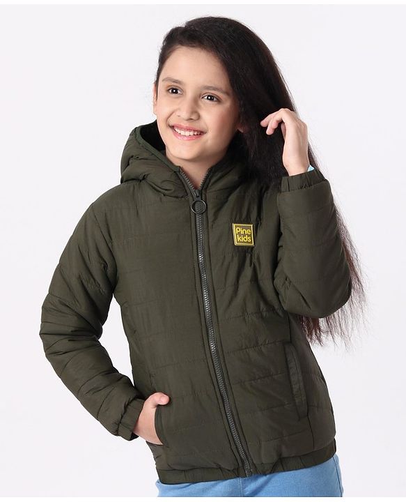 Pine Kids Medium Winter Full Sleeves Hooded Padded Jacket - Olive Green
