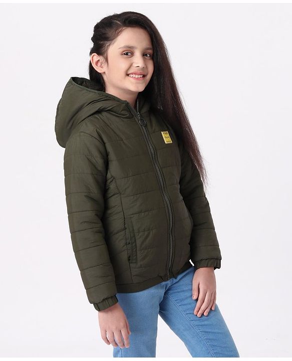 Pine Kids Medium Winter Full Sleeves Hooded Padded Jacket - Olive Green