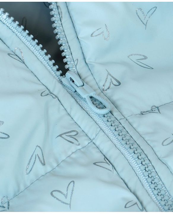 Pine Kids Woven Full Sleeves Padded Hooded Jacket with Heart Print - Light Blue