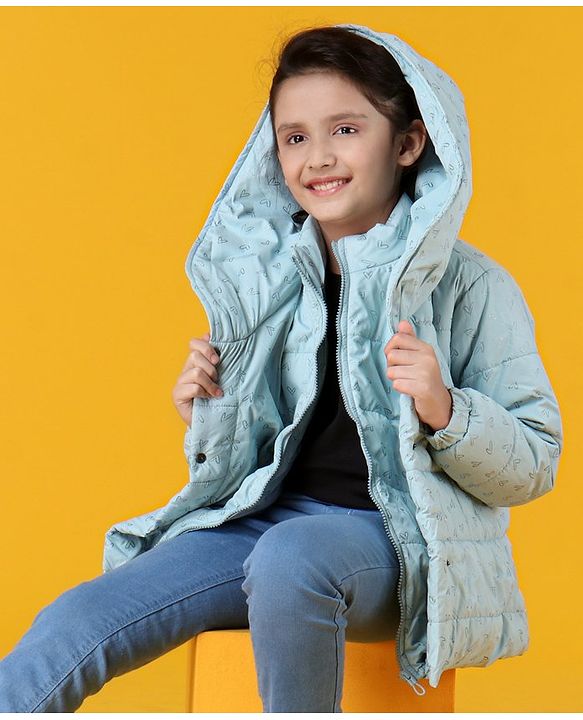 Pine Kids Woven Full Sleeves Padded Hooded Jacket with Heart Print - Light Blue
