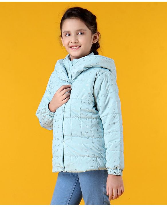 Pine Kids Woven Full Sleeves Padded Hooded Jacket with Heart Print - Light Blue
