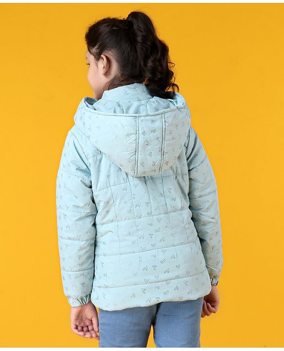 Pine Kids Woven Full Sleeves Padded Hooded Jacket with Heart Print - Light Blue
