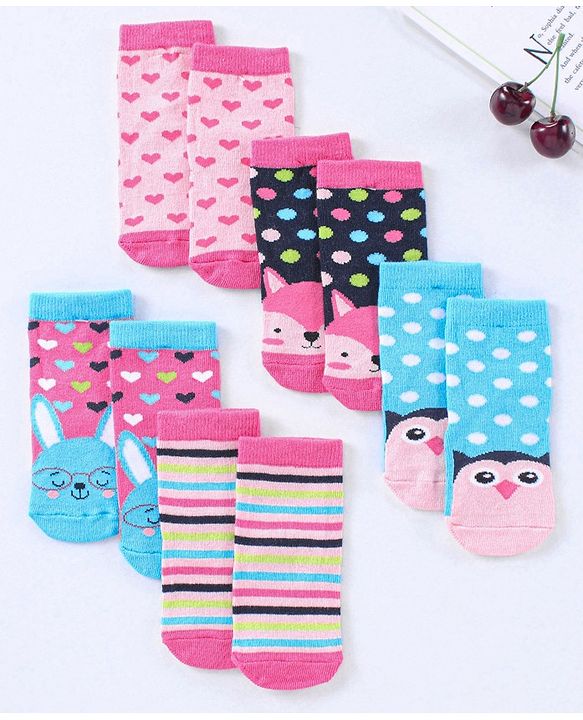 Cute Walk by Babyhug Cotton Blend Ankle Length Anti Bacterial Socks Multi Print Pack of 5 - Multicolour