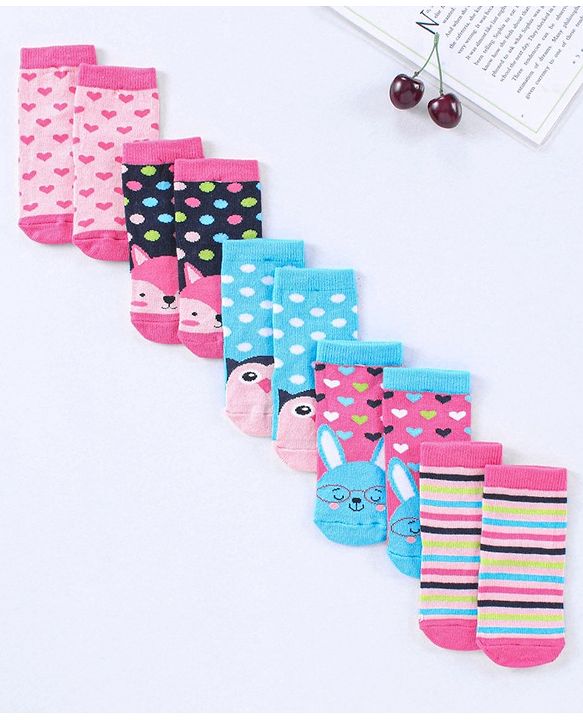 Cute Walk by Babyhug Cotton Blend Ankle Length Anti Bacterial Socks Multi Print Pack of 5 - Multicolour