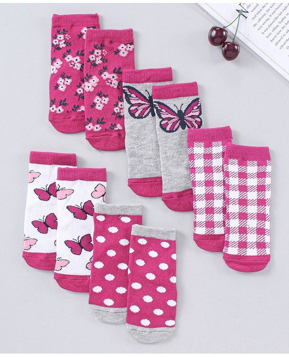 Cute Walk by Babyhug Cotton Blend Ankle Length Anti Bacterial Socks Multi Print Pack of 5 - Pink Grey White