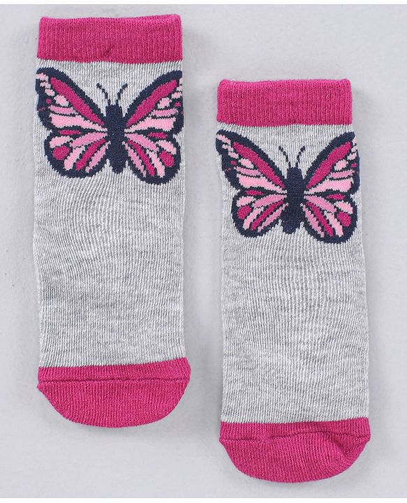 Cute Walk by Babyhug Cotton Blend Ankle Length Anti Bacterial Socks Multi Print Pack of 5 - Pink Grey White